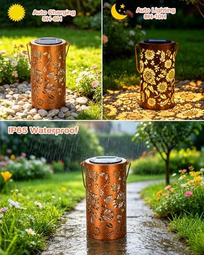 ANYTALK 2Pack Sunflower Solar Lanterns Outdoor Waterproof, Birthday Gifts for Women Mom Grandma, Hanging Solar Lights for Yard, Patio, Porch, Garden Decor - Image 3