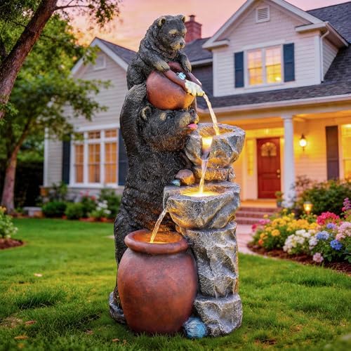 38" H Playful Twin Bear Statue Outdoor Fountain with LED Lights by Ultym