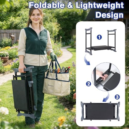 Garden Kneeler and Seat, Extra Wide Thick EVA Pad, Heavy Duty Foldable Garden Bench Holds 350lbs, Ergonomic Kneeling Stool with Garden Tool Pouches, Gardening Gifts for Women, Men & Seniors - Image 6