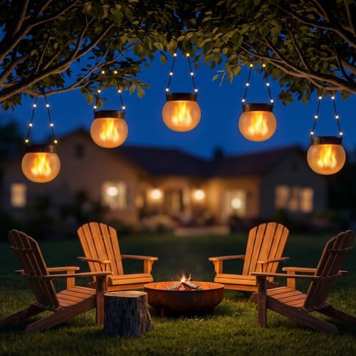 Solar Lights Outdoor Hanging Lantern with Glass Globe, Flame Effect 6-Pack - Image 6
