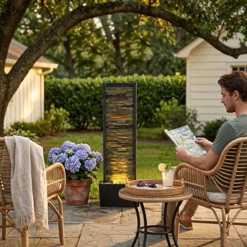 38 Inch Tall Indoor Water Fountain, Staggered Stone Wall Waterfall Fountain with LED Lights, Relaxing Ambience Water Feature for Living Room Bedroom Office Garden Yard, Home Decor - Image 5
