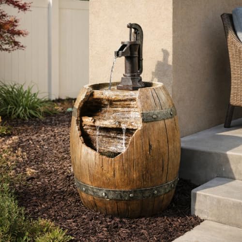 Teamson Home Vintage Barrel Waterfall Fountain with Pump for Outdoor Patio Garden Backyard Decking, 33 Inch Height, Wood - Image 3