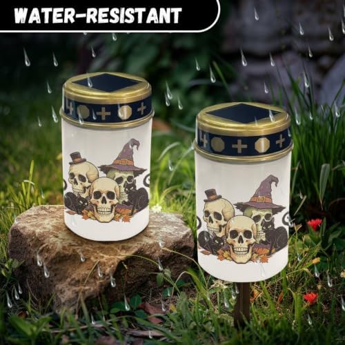 Poceacles Solar Lights Outdoor Grave Candle for Cemetery Decoration Solar Outdoor Lights for Garden Lawn Backyard Pathway Decor, Skull Black Cat Leaf Print, Pack of 2 - Image 6