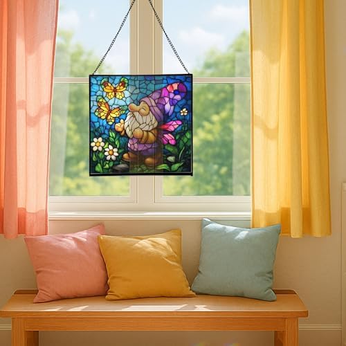 Butterfly Catcher Gnome Stained Glass Suncatcher – Square Hanging Window Panel for Home or Greenhouse – Whimsical Glass Art Gift for Garden Lovers, Christmas, Halloween, Father Days K7Li0G - Image 5