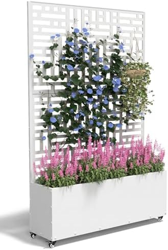 Metal Planter Box with Trellis,70.9"x47.2"x15.7" Raised Garden Bed with Drainage Holes, Privacy Planters for Outdoor Garden Bed for Climbing Plants,Vegetables,and Vines,White-Modular by FOLAWO