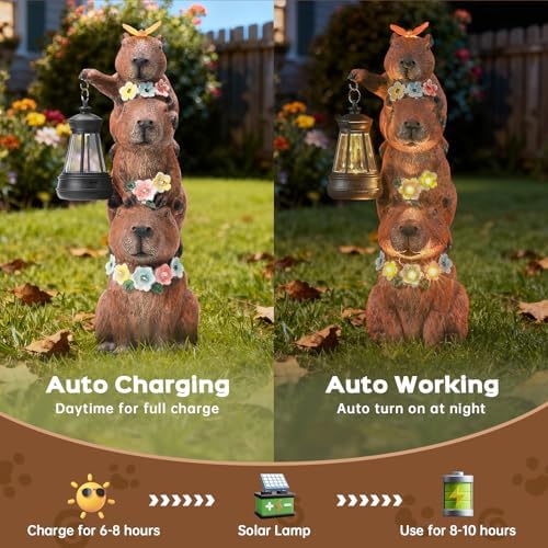 Capybara Solar Garden Statue, Outdoor Capybara Statue with Flower Decoration & Lantern Light, Funny Triple Capybara Decor for Women, Capybara Figurine for Yard Garden Patio Lawn Ornaments - Image 4