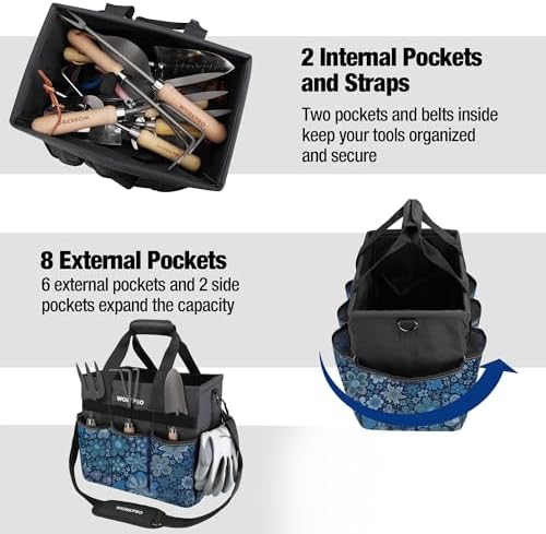 WORKPRO Garden Tool Bag, 10 Pockets and Shoulder Strap, Floral Blue - Image 4