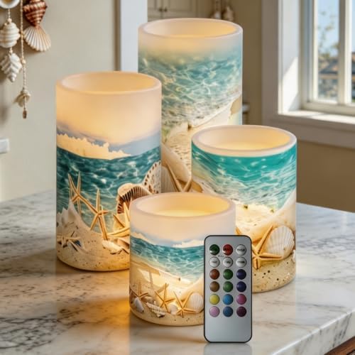 Flameless Candles Battery Powered with Multicolor Timer Remote Control Everlasting Fake Candles for Party Garden Indoor Outdoor Coastal Decor, Beach Coastal Multi by NETILGEN