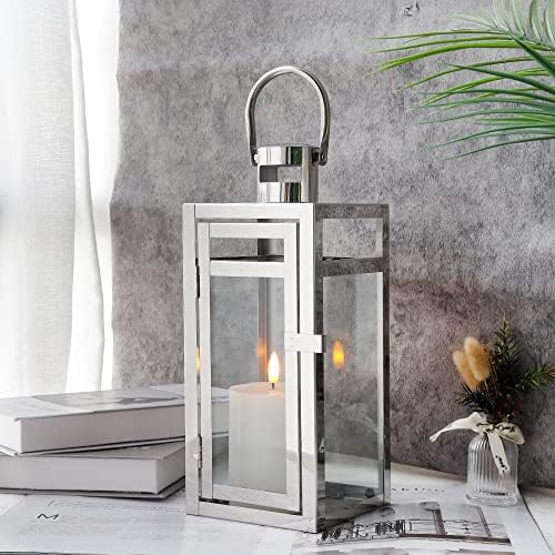 TRIROCKS Stainless Steel Decorative Lantern 12'' High Metal Hanging Lantern with Tempered Glass Perfect for Home Decor Living Room Parties Events Tabletop Indoors Outdoors (Silver) by TRIROCKS