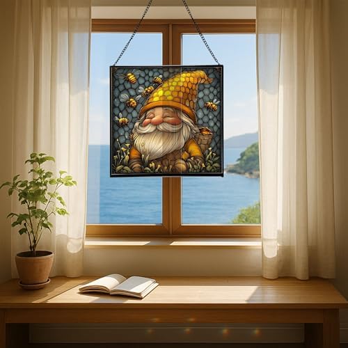 Bee Keeper Gnome Stained Glass Suncatcher – Square Hanging Window Panel for Home or Greenhouse – Whimsical Glass Art Gift for Garden Lovers, Christmas, Halloween, Father Days 1iRWQX - Image 6