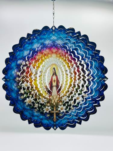 Shwing Wind Spinner 12 Inch Jesus Sacred Heart Wind Spinner Hanging Wind Sculptures Christian Faith Decor Cross Dove Metal Ornament Outdoor Kinetic Garden Art for Patio Porch Garden Decoration - Image 3