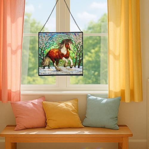 Brown White Icelandic Horse cantering through winter orchard Square Suncatcher–Stained Glass Style Window Panel with Pastoral Scene, Custom Decorative Hanging Art for Equestrian Home, Christmas anTV9F - Image 5