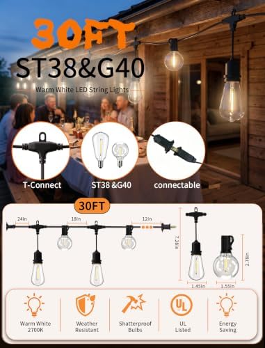 30FT 19-Light T Shape Outdoor String Lights, ST38 G40 Patio Lights - Image 2