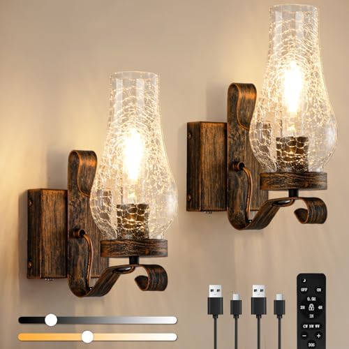 Battery Operated Wall Sconces, Ice Crackle Glass Lampshade Rustic Wall Lights, Non-Hardwired Antique Kerosene Wall Lamps, Vintage Bedside Distressed Wall Sconces Set of 2 for Bedroom Hallway by EIDEARAYHomeLighting