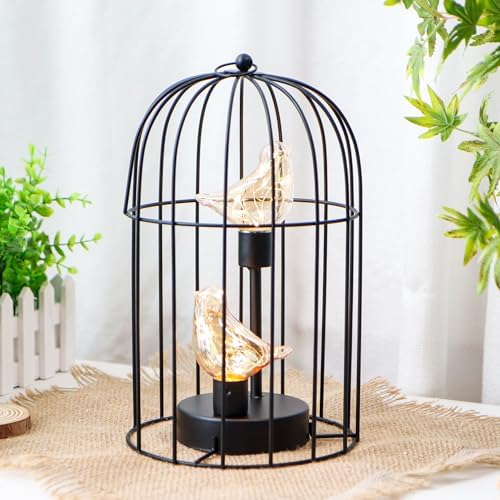 JHY DESIGN Birdcage Decorative Lamp Battery Operated 12" H Cordless Table Lamp with Warm White Fairy Lights Bird Bulb for Indoor Bedroom Living Room Home Wedding Xmas(Black) - Image 4