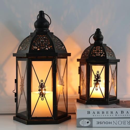 Large Lantern Decorative Outdoor & Indoor, Set of 2 (15’’&10’’) Metal Candle Lanterns Decor, Vintage Hanging Candle Holder for Front Porch Patio Wedding Farmhouse Home, Spring Decoration - Image 2
