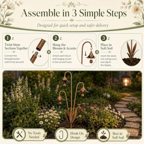 Metal Bluebell Garden Stake with Bells, Triple Flower Wind Chime Outdoor Yard Art, Decorative Stake for Patio Lawn Pathway Flower Bed Planter, Rustic Decor 2pcs - Image 6