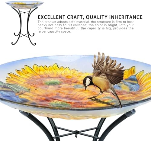 MUMTOP Outdoor Glass Birdbath with Metal Stand for Garden Sunflower Decor - Image 7