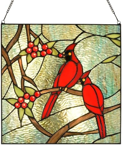 PA0008 Handcrafted Stained Glass Cardinal Window Hanging Suncatcher, Tiffany Style Window Panel with Red Birds 12" Wx12 H for Home Decor, Memorial Gifts for Bird Lovers, Ready to Hang by HomeBeauty