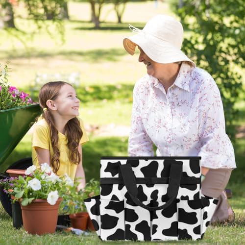 Black White Garden Tool Bag Organizer Heavy Duty Fun Cow Print Farm Animal Gardening Tote Bag with 10 Pockets for Women Men Gardening Gifts - Image 6