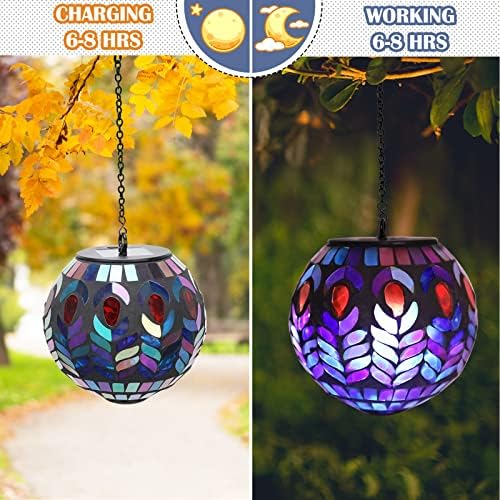 Mosaic Solar Lantern Outdoor Waterproof Glass Hanging Solar Lights, Black - Image 3
