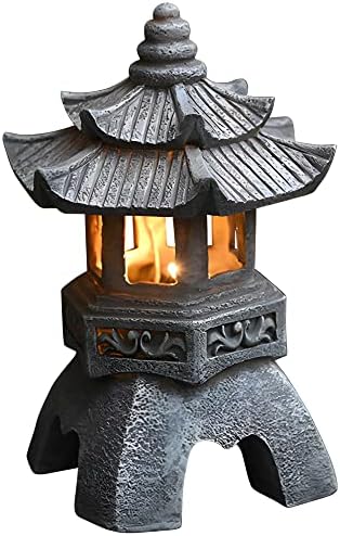 Pagoda Asian Decor Garden Statue with Solar Garden Light - Imitation Stone Pagoda Lantern Outdoor Zen Figurine, Resin (Color : Gray, Size : 5.5" x 5.5" x 10.2") by Unknown