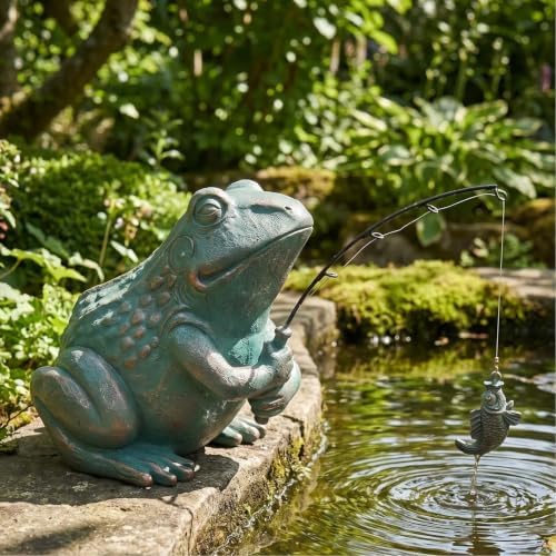 Larger Frog Statues Outdoor Garden Decor - 8.3" Antique Copper Fishing Frog Statue Outdoor Garden Statue & Koi Pond Decor, Animals Sculpture Accessory for Patio, Lawn, Yard Decoration, Gift for Mom by DHOBY+GHAUT