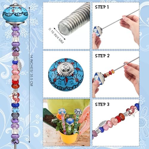 Silipull 255 Pcs 14 Inch Christmas Garden Stakes Decorative Blue and White Porcelain Ceramic Round Beaded Garden Stakes Decor Fairy Sticks for Indoor Outdoor Yard Lawn Pathway Patio Decoration - Image 3