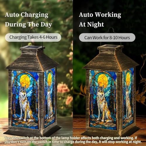 Solar Lantern Wolf Stained Glass Golden Moon Forest Pines Blue Mosaic Wildlife Art Outdoor Waterproof Hanging Solar Light Outside Lights for Patio Yard House Lawn Decor Birthday Gifts for Women Mom - Image 4