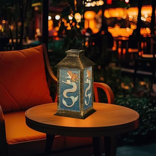 Solar Lantern Stained Glass Window Panel Scales Flowing Hair Sea Motif Outdoor Waterproof Garden Hanging Lantern Solar Powered Lighting Outside Table Lamp for Patio Deck Camping 1 Pack - Image 7