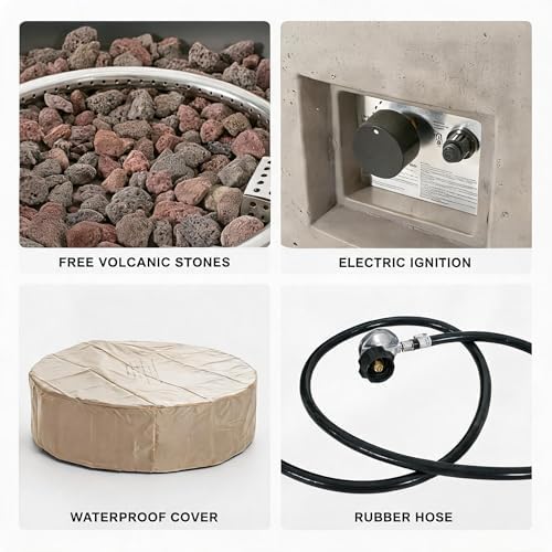 Outdoor Propane Fire Pit Table for Outside Patio, 39 Inch Concrete Fire Pit Table, Round Gas Fire Pit for Garden, Pool, Backyard, 50,000 BTU, Free Lava Rocks, Light Gray - Image 5