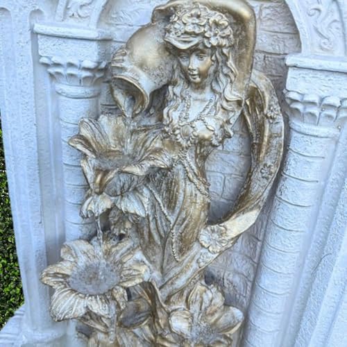 XBrand 30.3" Solar Outdoor Wall Water Fountain with Gold Flower Maiden Statue, Cascading Antique Stone Design, Garden & Patio Waterfall Feature, Polyresin Construction, Cream White - Image 4