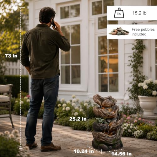 25.2" H Water Fountain Outdoor with LED Lights and Built-in Planter, Garden Water Feature with Tree Trunk Design for Patio Backyard Porch Decor - Image 2