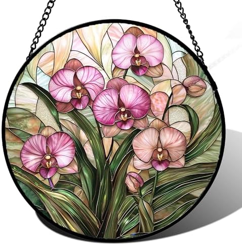Phalaenopsis Orchid Stained Glass Window Hanging Decor Gifts for Women 9.8" by amderven
