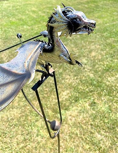Kinetic Metal Mystical Dragon Yard Stake Wind Spinner Rocker Rocking Whirly-Gig Garden Art, 51" Tall Brown Antiqued Metal, Flying Dragon Yard Art - Image 3