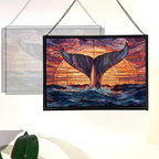 Whale Tail Splashes Under Sunset Sky Rectangular Stained Glass Suncatcher – Hanging Window Panel with Animal & Nature Scene – Vibrant Glass Art Gift for Wildlife, Fantasy, Nature Lovers wwsLLc - Image 3