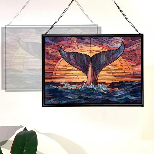 Whale Tail Splashes Under Sunset Sky Rectangular Stained Glass Suncatcher – Hanging Window Panel with Animal & Nature Scene – Vibrant Glass Art Gift for Wildlife, Fantasy, Nature Lovers wwsLLc - Image 3