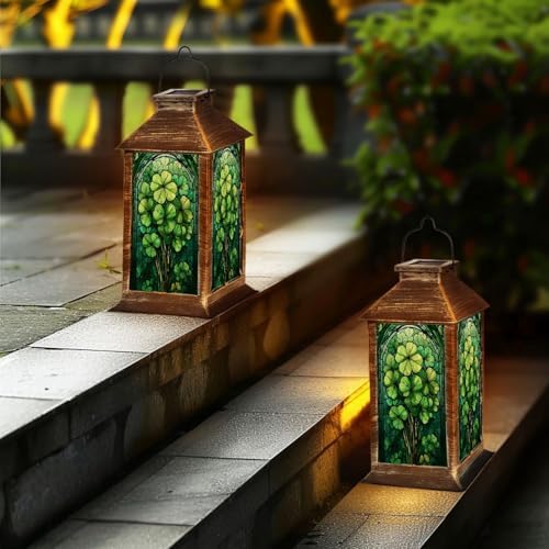 Solar Lantern St Patrick s Day Stained Glass Clover Tree Greenery Intricate Outdoor Waterproof Hanging Solar Light Outside Lights for Patio Yard House Lawn Decor Birthday Gifts for Women Mom - Image 6