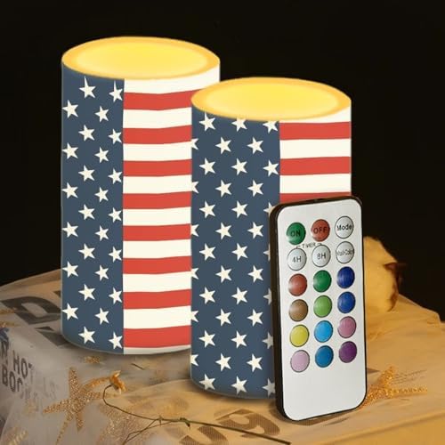 Set of 2 Modern American Flag Flameless Candles with Remote Outdoor Battery Operated Candles with Timer Flickering LED Pillar Lights for 4th of July USA Patriotic Decoration - Image 4
