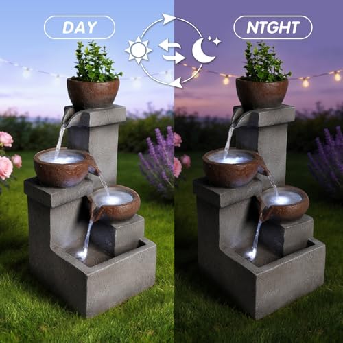 Freestanding Outdoor Water Fountain with Planter, Tiered Resin Design - Image 6