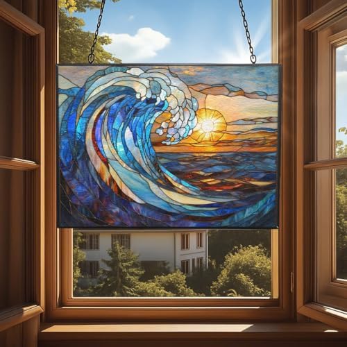 Rectangle Art Nouveau Spiral Great Wave Stained Glass Window Hanging, 15" W X 11" H Stained Glass Panel with Chain, Suncatchers for Windows Hanging Decorations, Gifts for Mom, Grandma - Image 4