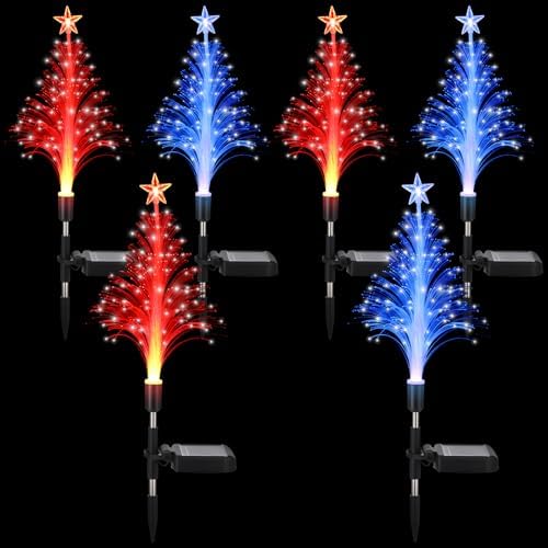 Baquler 6 Pack Solar Christmas Tree Garden Stake Lights Outdoor Waterproof Color Changing Christmas Lighted Yard Decorations Optical Fiber Xmas Pathway Lights for Lawn Patio Cemetery(Red, Blue) by Baquler