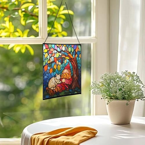 Gnome and Cat Nap Stained Glass Suncatcher – Square Hanging Window Panel for Home or Greenhouse – Whimsical Glass Art Gift for Garden Lovers, Christmas, Halloween, Father Days AV15Ti - Image 3