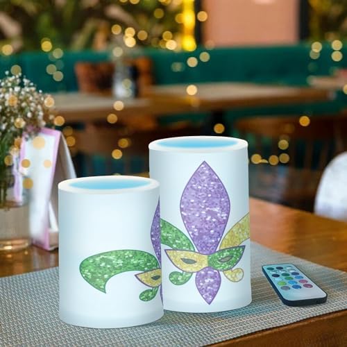 YETTASBIN Mardi Gras Flameless Candles with Remote Control and Timer, Adjustable Brightness Long Lasting Battery Operated LED Pillar Candles for Indoor Outdoor Party Home Decor, 2 Pack - Image 6