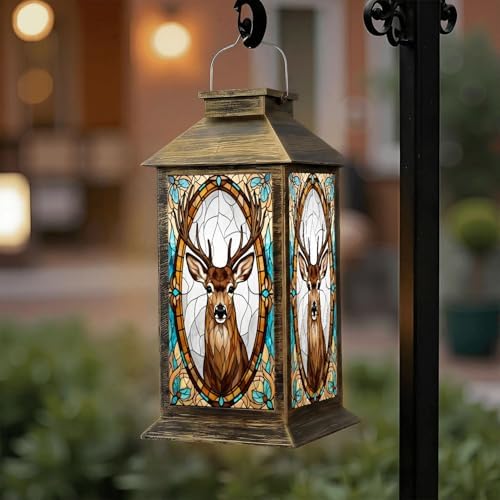 Solar Lantern Outdoor Waterproof Stained Glass Deer Portrait Ornate Floral Frame Warm Cool Tones Garden Decor LED Hanging Solar Lights Tabletop Lamp Gifts for Women Mom Outside Yard Patio Porch by DERUINVAIO