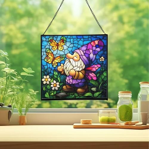 Butterfly Catcher Gnome Stained Glass Suncatcher – Square Hanging Window Panel for Home or Greenhouse – Whimsical Glass Art Gift for Garden Lovers, Christmas, Halloween, Father Days K7Li0G - Image 2