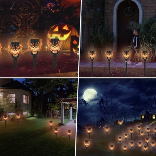 8 Pack Solar Halloween Lights Outdoor, Orange Skull Torch Lights - Image 6