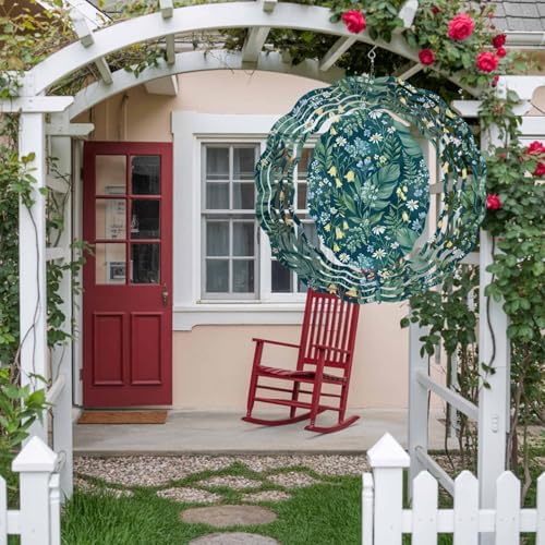 Dark Green Flower Wind Spinner for Garden Yard 12In, Spring Blue Yellow Floral Country 3D Stainless Steel Kinetic Hanging Wind Spinners Rustproof Outdoor Decor for Lawn Patio Home - Image 3