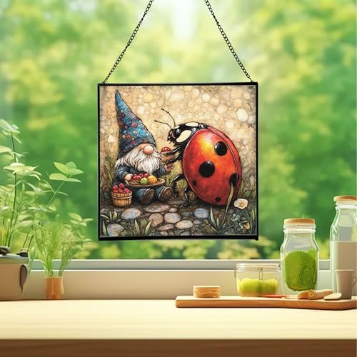 Lady.Bug Picnic Gnome Stained Glass Suncatcher – Square Hanging Window Panel for Home or Greenhouse – Whimsical Glass Art Gift for Garden Lovers, Christmas, Halloween, Father Days Duy7w9 - Image 2