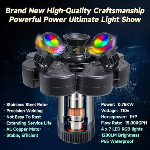 RELIY Pond Fountain Aerator, With 4 RGB Lights 1HP 110V 15000 GPH Stainless Steel Fountain Pump, Fully Automatic Powerful Lake Floating Fountain, 100 FT Power Cord, Programmable Timer Switch - Image 3